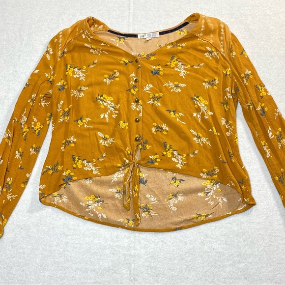 Jolt Women's Blouse L Mustard Yellow Hi Low Floral Vneck Front Tie Long Sleeve - Picture 9 of 14